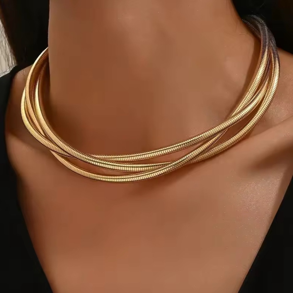 NEW Snake Chain Collar Necklace Gold Layering Chains Triple Strand Choker AU03 - Picture 1 of 4